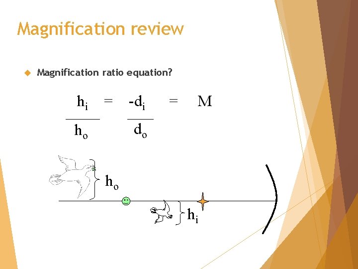 Magnification review Magnification ratio equation? hi = -di = M do ho ho hi