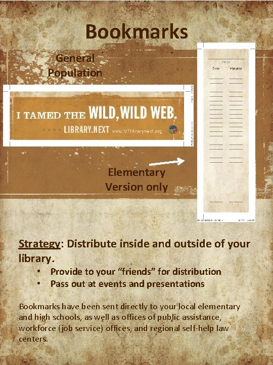 Bookmarks General Population Elementary Version only Strategy: Distribute inside and outside of your library.