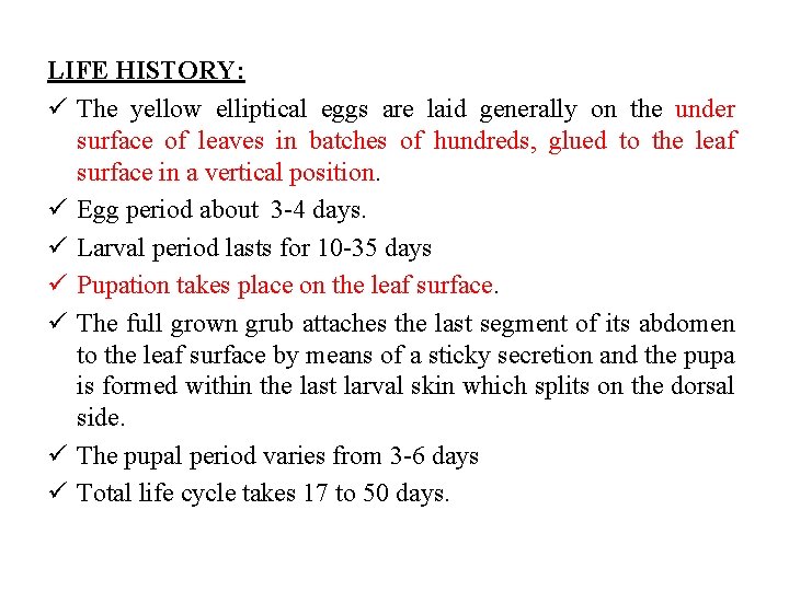 LIFE HISTORY: ü The yellow elliptical eggs are laid generally on the under surface