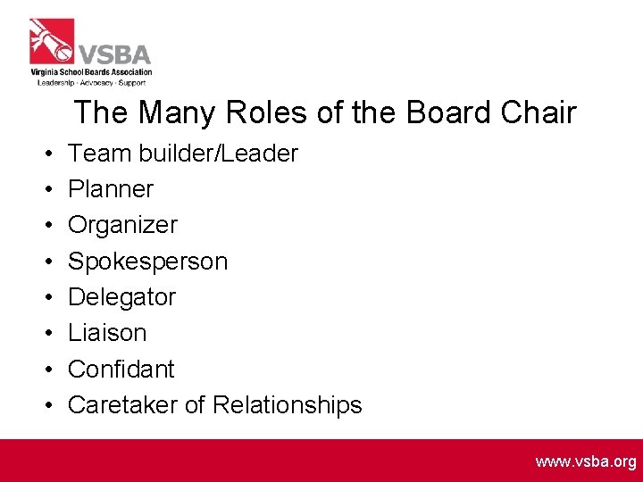 The Many Roles of the Board Chair • • Team builder/Leader Planner Organizer Spokesperson