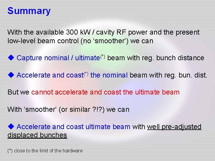 Summary With the available 300 k. W / cavity RF power and the present