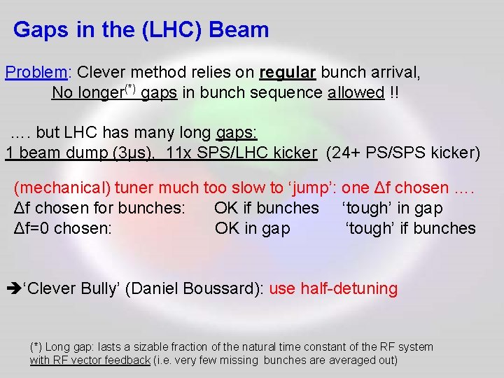 Gaps in the (LHC) Beam Problem: Clever method relies on regular bunch arrival, No