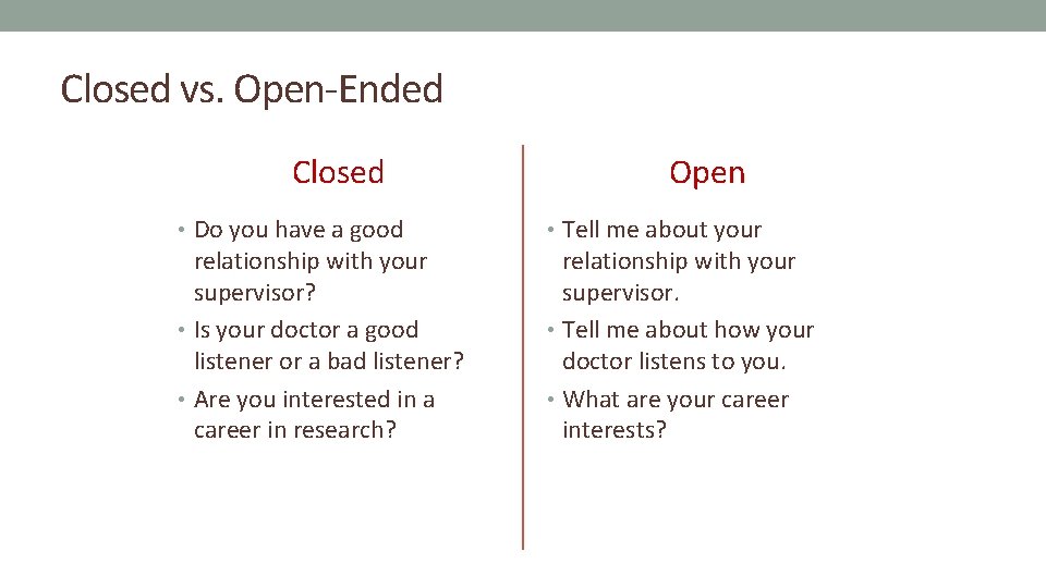 Closed vs. Open-Ended Closed • Do you have a good relationship with your supervisor?