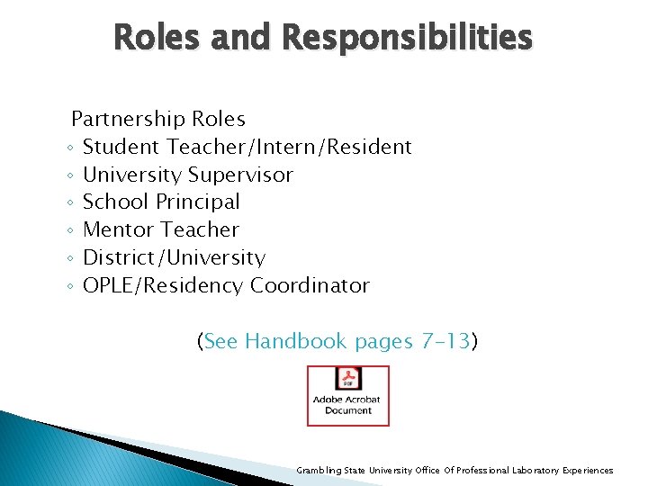 Roles and Responsibilities Partnership Roles ◦ Student Teacher/Intern/Resident ◦ University Supervisor ◦ School Principal