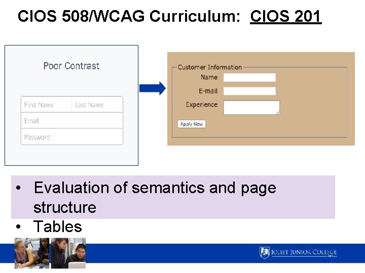 CIOS 508/WCAG Curriculum: CIOS 201 • Evaluation of semantics and page structure • Tables
