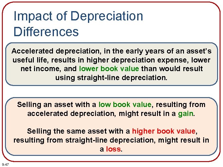 Impact of Depreciation Differences Accelerated depreciation, in the early years of an asset’s useful