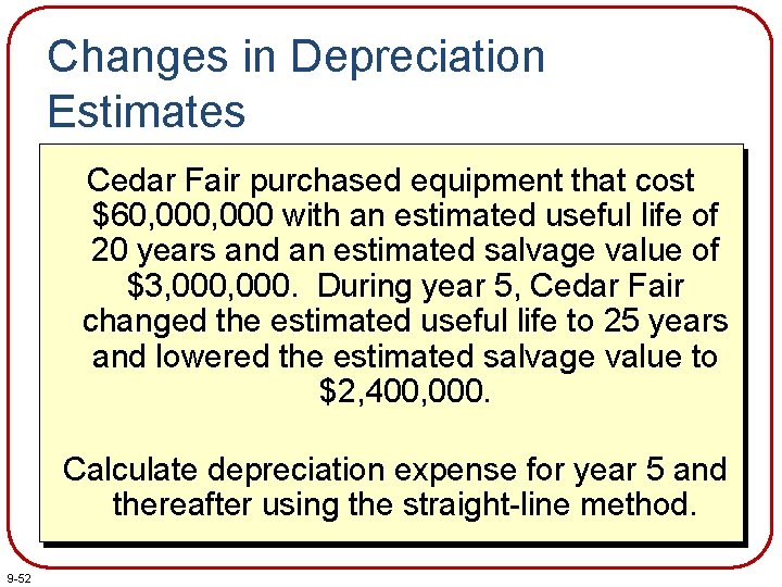Changes in Depreciation Estimates Cedar Fair purchased equipment that cost $60, 000 with an