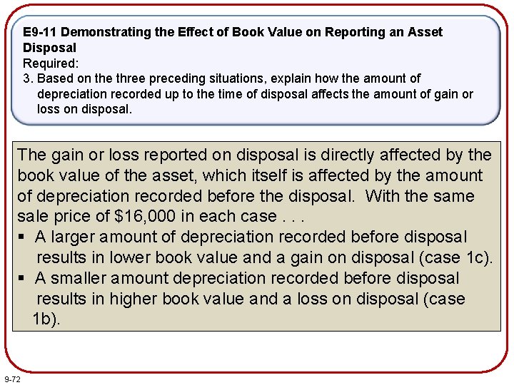 E 9 -11 Demonstrating the Effect of Book Value on Reporting an Asset Disposal