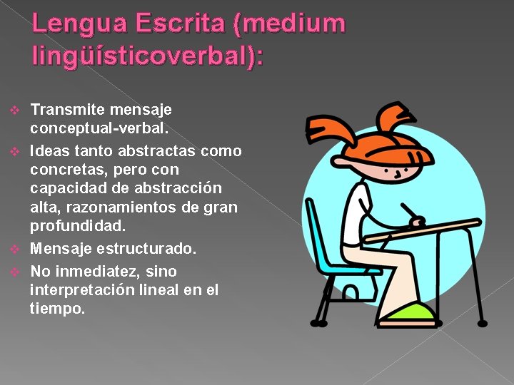 Lengua Escrita (medium lingüísticoverbal): Transmite mensaje conceptual-verbal. v Ideas tanto abstractas como concretas, pero