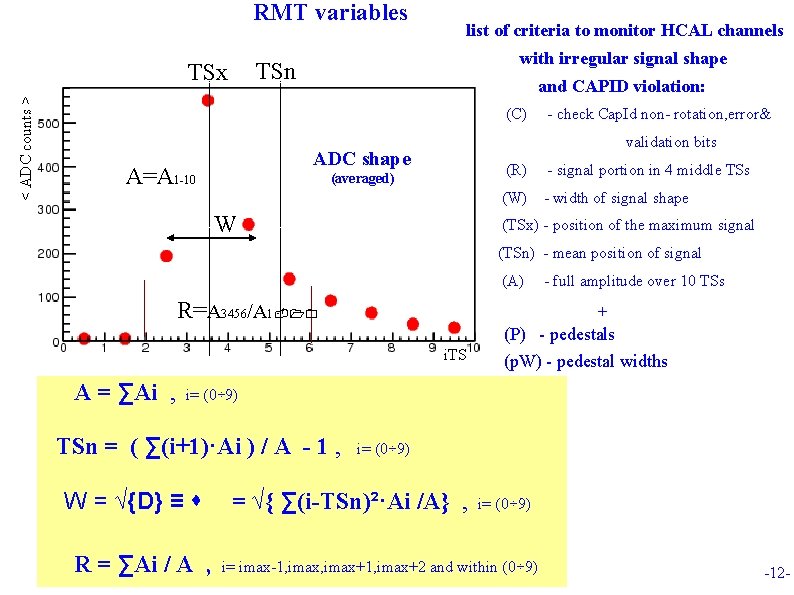 RMT variables < ADC counts > TSx list of criteria to monitor HCAL channels