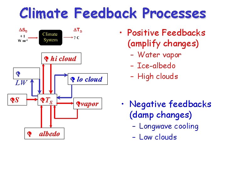 Climate Feedback Processes • Positive Feedbacks (amplify changes) D hi cloud D LW D