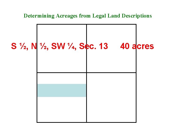 Determining Acreages from Legal Land Descriptions S ½, N ½, SW ¼, Sec. 13