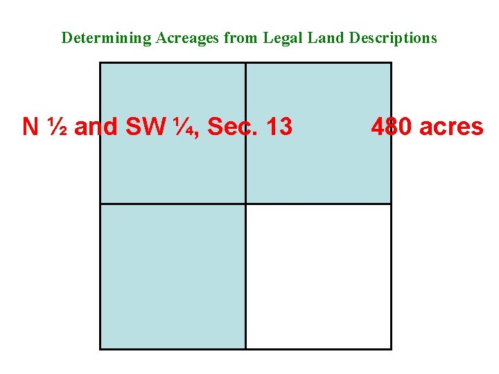 Determining Acreages from Legal Land Descriptions N ½ and SW ¼, Sec. 13 480