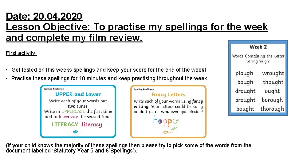 Date: 20. 04. 2020 Lesson Objective: To practise my spellings for the week and