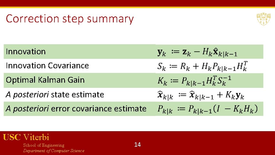 Correction step summary Innovation Covariance Optimal Kalman Gain A posteriori state estimate A posteriori