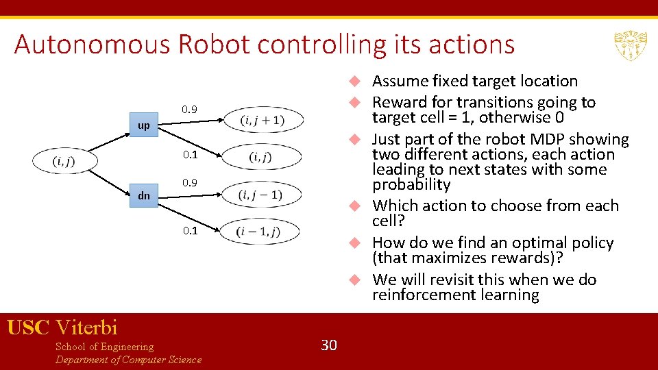 Autonomous Robot controlling its actions 0. 9 up 0. 1 dn 0. 9 0.