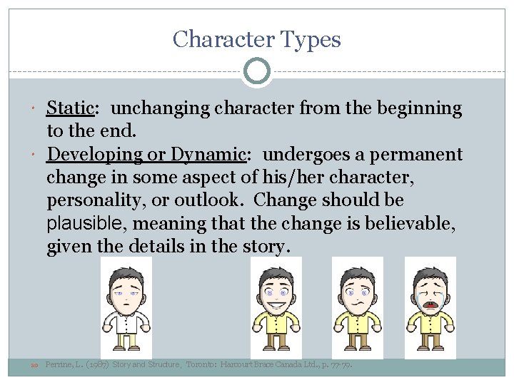 Character Types Static: unchanging character from the beginning to the end. Developing or Dynamic: