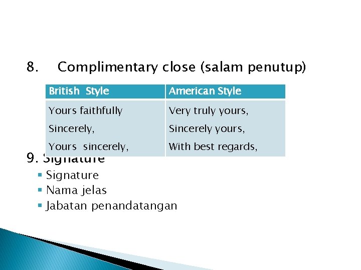 8. Complimentary close (salam penutup) British Style American Style Yours faithfully Very truly yours,