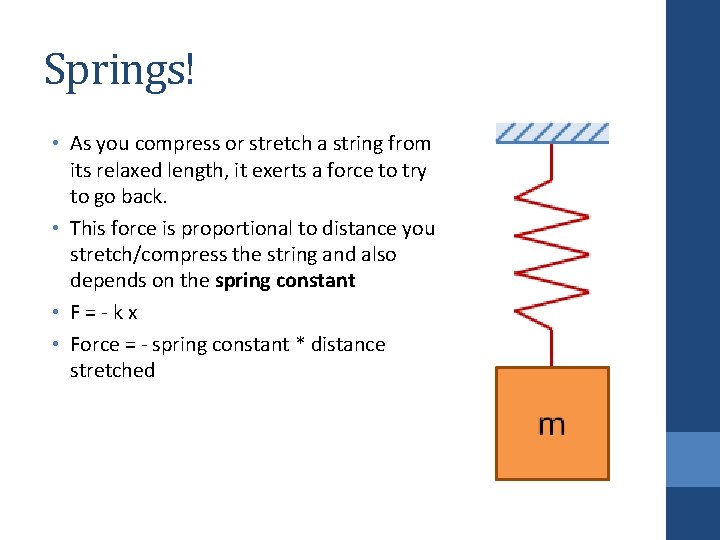 Springs! • As you compress or stretch a string from its relaxed length, it