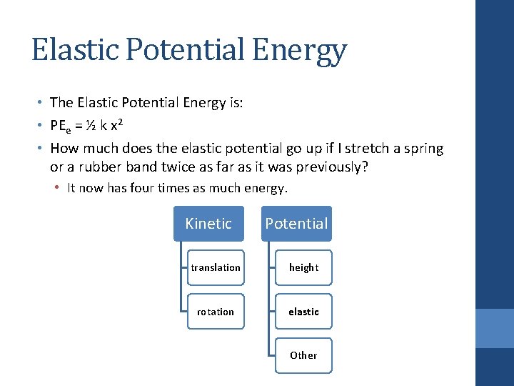 Elastic Potential Energy • The Elastic Potential Energy is: • PEe = ½ k