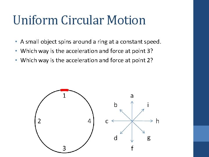 Uniform Circular Motion • A small object spins around a ring at a constant