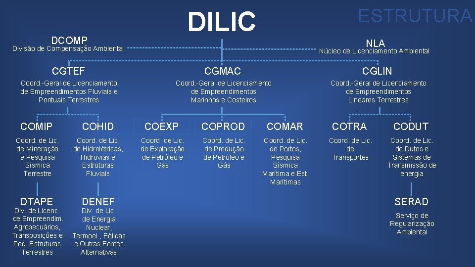 ESTRUTURA DILIC DCOMP NLA Divisão de Compensação Ambiental Núcleo de Licenciamento Ambiental CGTEF CGMAC