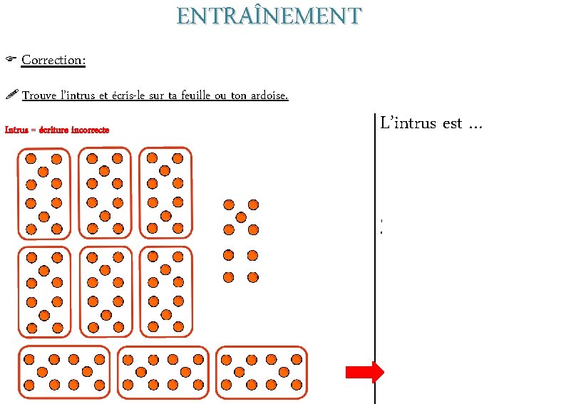 ENTRAÎNEMENT Correction: Trouve l’intrus et écris-le sur ta feuille ou ton ardoise. Intrus =