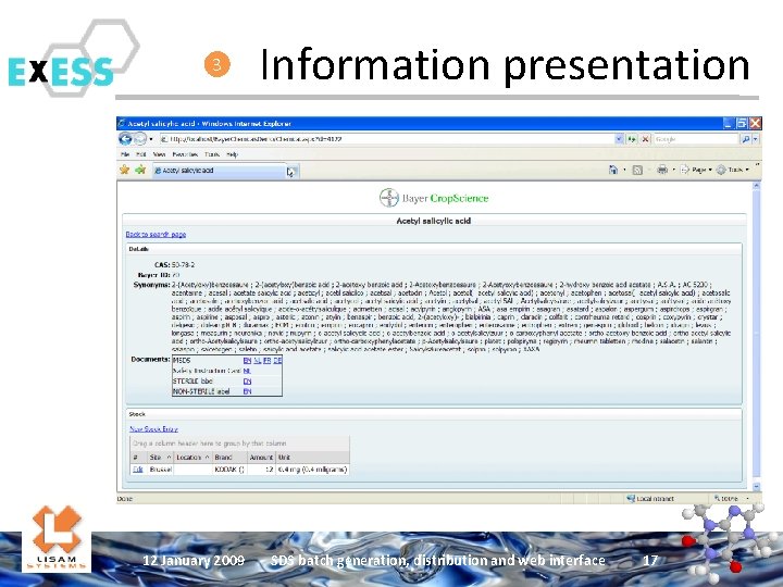 3 12 January 2009 Information presentation SDS batch generation, distribution and web interface 17