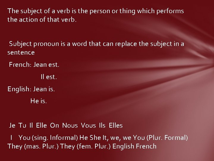 The subject of a verb is the person or thing which performs the action