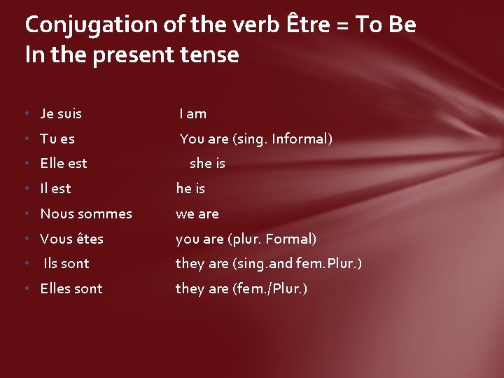 Conjugation of the verb Être = To Be In the present tense • Je