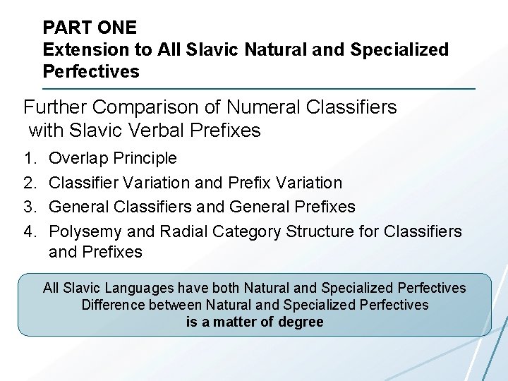 PART ONE Extension to All Slavic Natural and Specialized Perfectives Further Comparison of Numeral