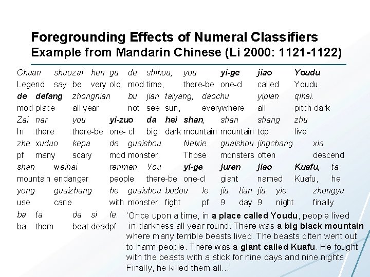 Foregrounding Effects of Numeral Classifiers Example from Mandarin Chinese (Li 2000: 1121 -1122) Chuan