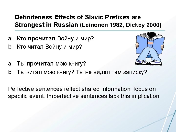 Definiteness Effects of Slavic Prefixes are Strongest in Russian (Leinonen 1982, Dickey 2000) a.