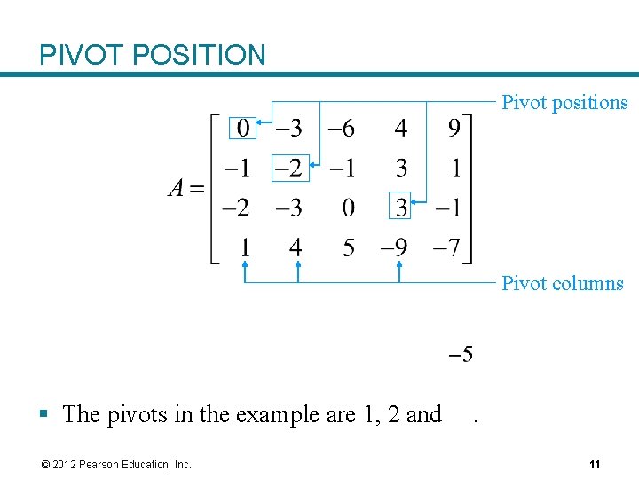 PIVOT POSITION Pivot positions Pivot columns § The pivots in the example are 1,