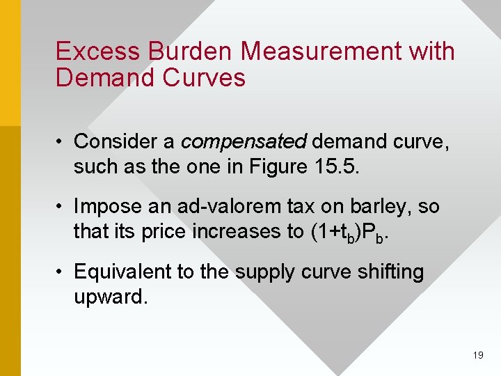 Excess Burden Measurement with Demand Curves • Consider a compensated demand curve, such as