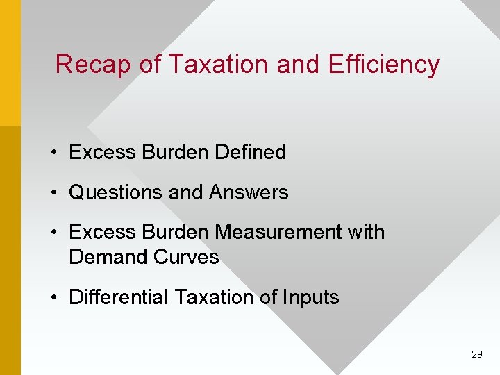 Recap of Taxation and Efficiency • Excess Burden Defined • Questions and Answers •