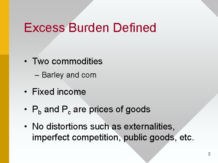 Excess Burden Defined • Two commodities – Barley and corn • Fixed income •