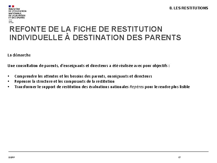 8. LES RESTITUTIONS REFONTE DE LA FICHE DE RESTITUTION INDIVIDUELLE À DESTINATION DES PARENTS