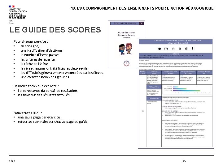 10. L’ACCOMPAGNEMENT DES ENSEIGNANTS POUR L’ACTION PÉDAGOGIQUE LE GUIDE DES SCORES Pour chaque exercice