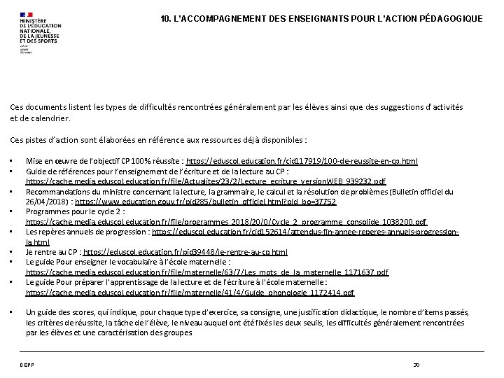 10. L’ACCOMPAGNEMENT DES ENSEIGNANTS POUR L’ACTION PÉDAGOGIQUE Ces documents listent les types de difficultés