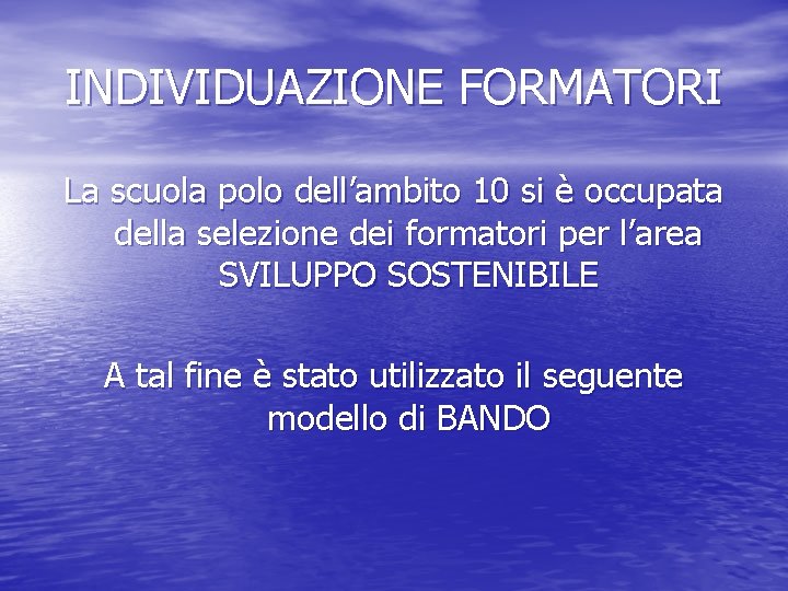 INDIVIDUAZIONE FORMATORI La scuola polo dell’ambito 10 si è occupata della selezione dei formatori