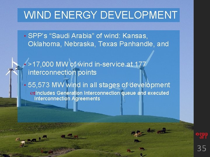WIND ENERGY DEVELOPMENT • SPP’s “Saudi Arabia” of wind: Kansas, Oklahoma, Nebraska, Texas Panhandle,