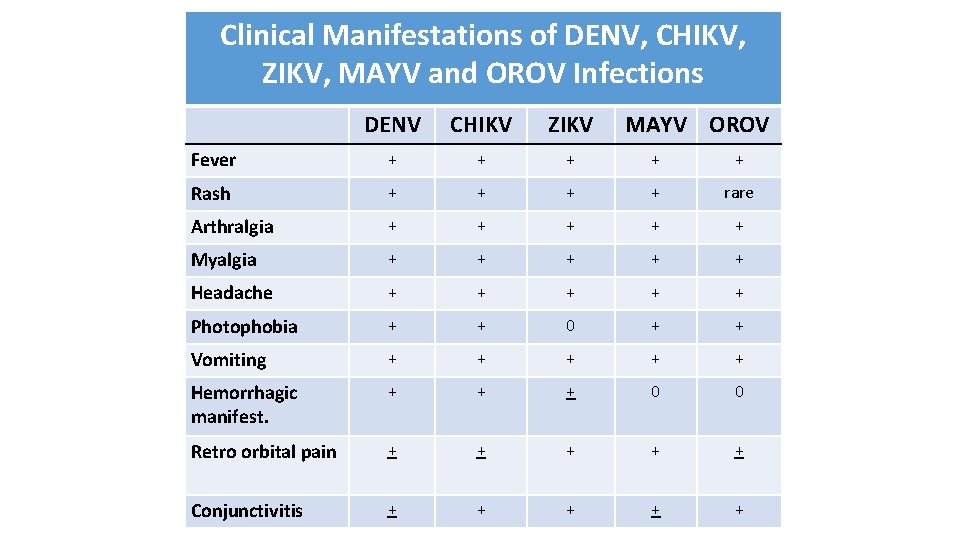 Clinical Manifestations of DENV, CHIKV, ZIKV, MAYV and OROV Infections DENV CHIKV ZIKV MAYV