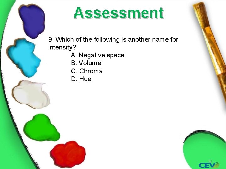 Assessment 9. Which of the following is another name for intensity? A. Negative space