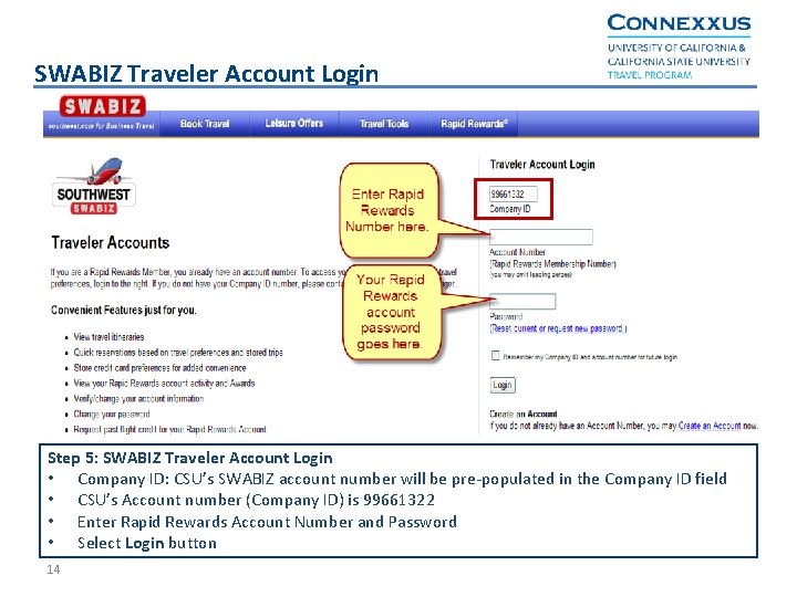 SWABIZ Traveler Account Login Step 5: SWABIZ Traveler Account Login • Company ID: CSU’s