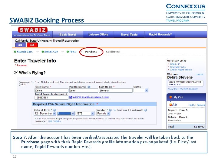 SWABIZ Booking Process Step 7: After the account has been verified/associated the traveler will