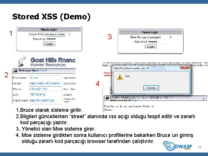 Stored XSS (Demo) 1 3 2 4 1. Bruce olarak sisteme girilir. 2. Bilgileri