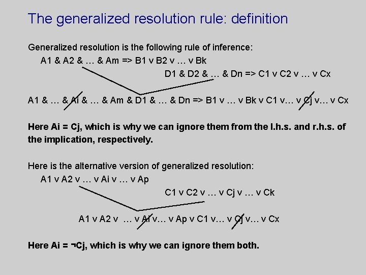 The generalized resolution rule: definition Generalized resolution is the following rule of inference: A