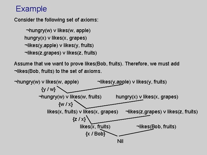Example Consider the following set of axioms: ¬hungry(w) v likes(w, apple) hungry(x) v likes(x,